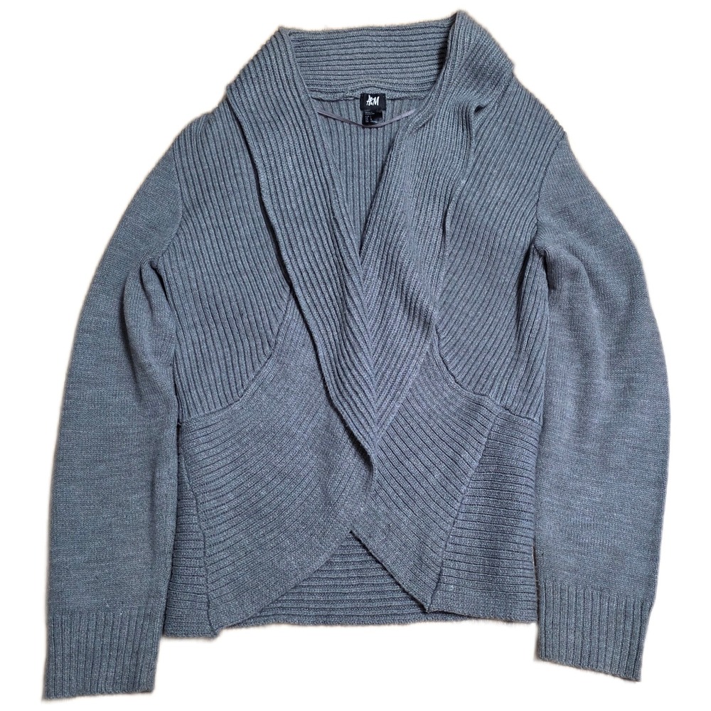 H&M Knit Open Cardigan Sweater Women's‎ Size L Gray Shawl Collar Wrap Style